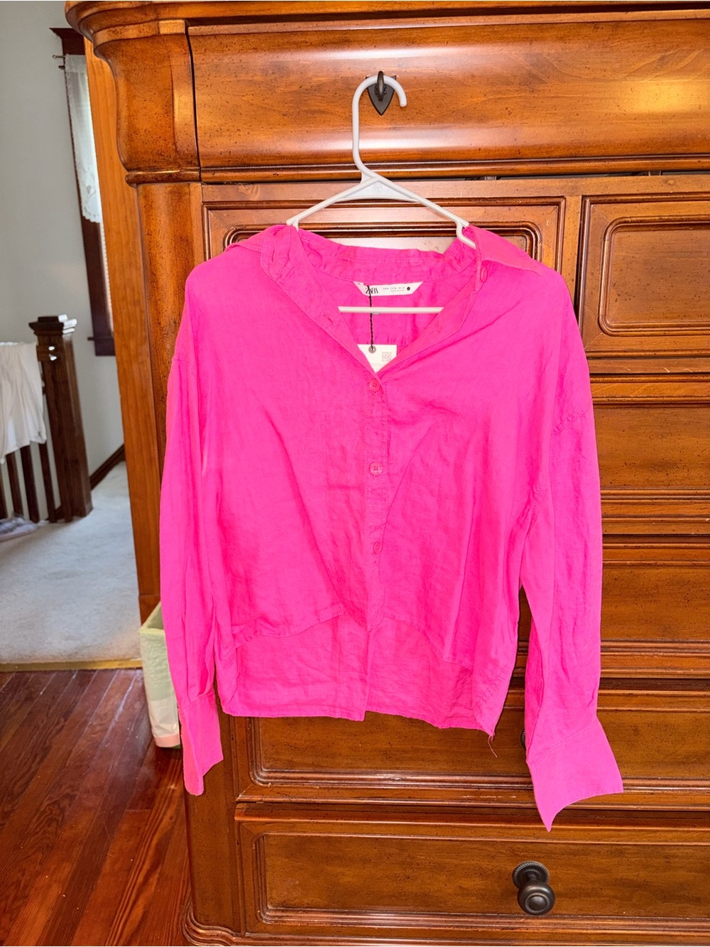 Zara Hot Pink 100% Linen Button Up Shirt Size M NWT